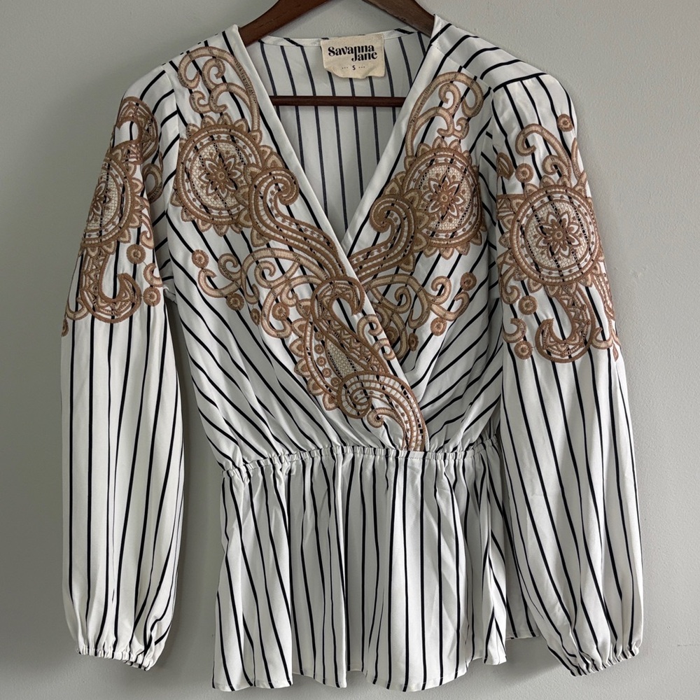 Savanna Jane Embroidered Boho Peplum Blouse Striped Wrap Top Small